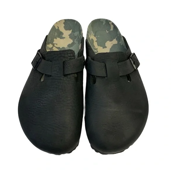 Birkenstock Boston Black Nubuck Pebbled Leather Camo Footbed Reg Width Size 38 - Picture 2 of 11